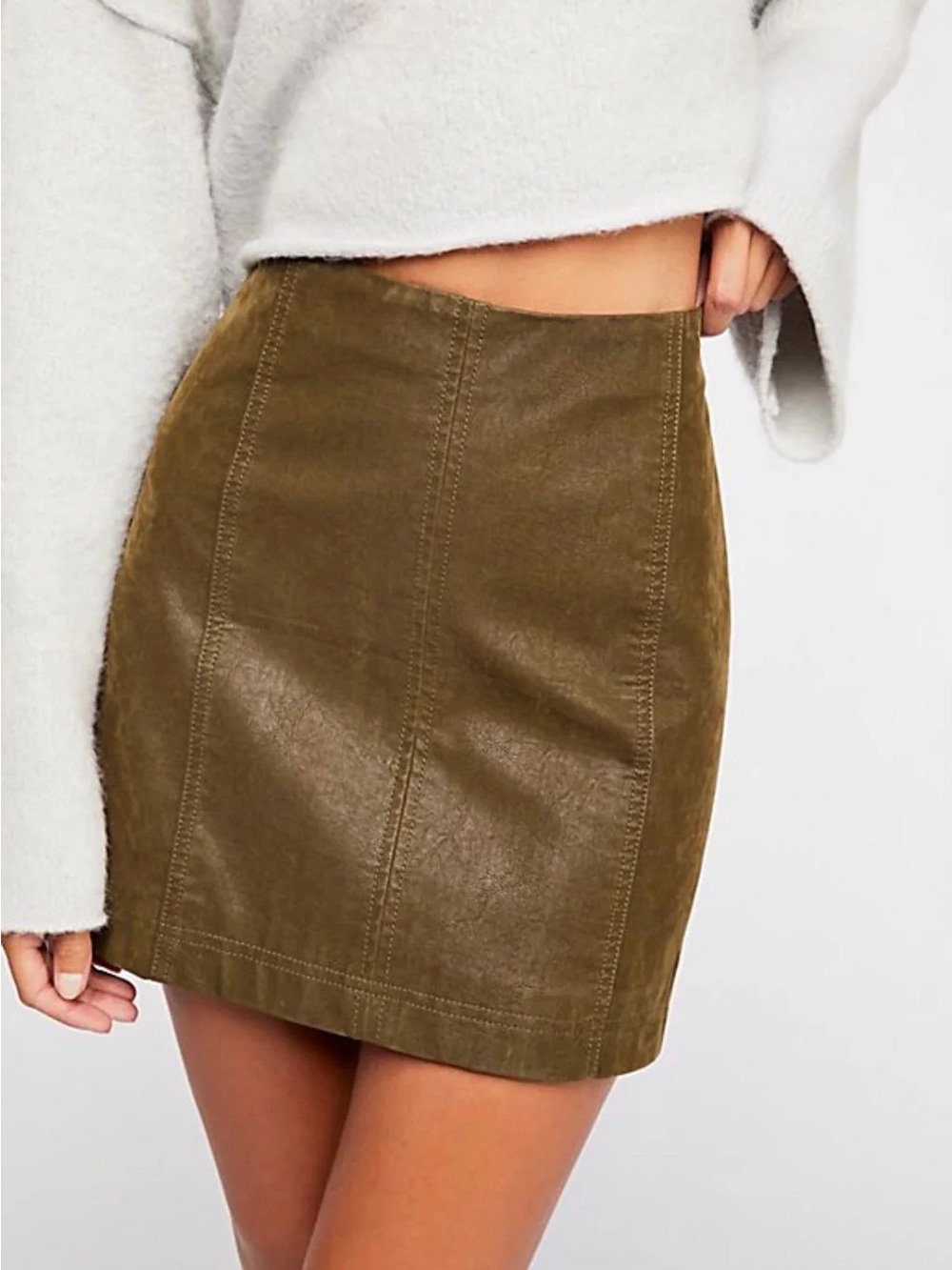 Free People Modern Femme Tobacco Green Vegan Leather Mini Skirt NWT Size 4